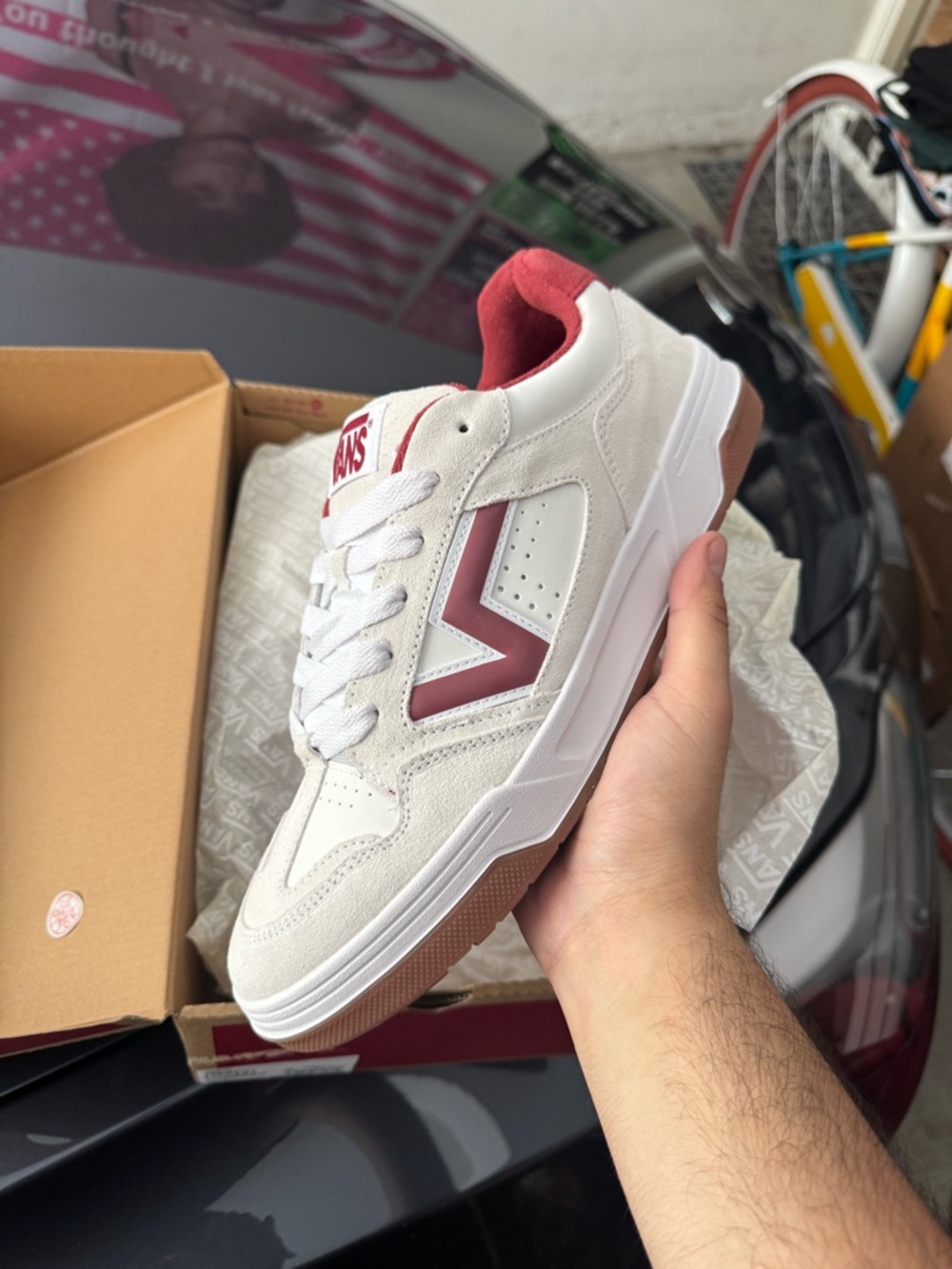 Vans Low-Top Skate Shoe in White and Maroon